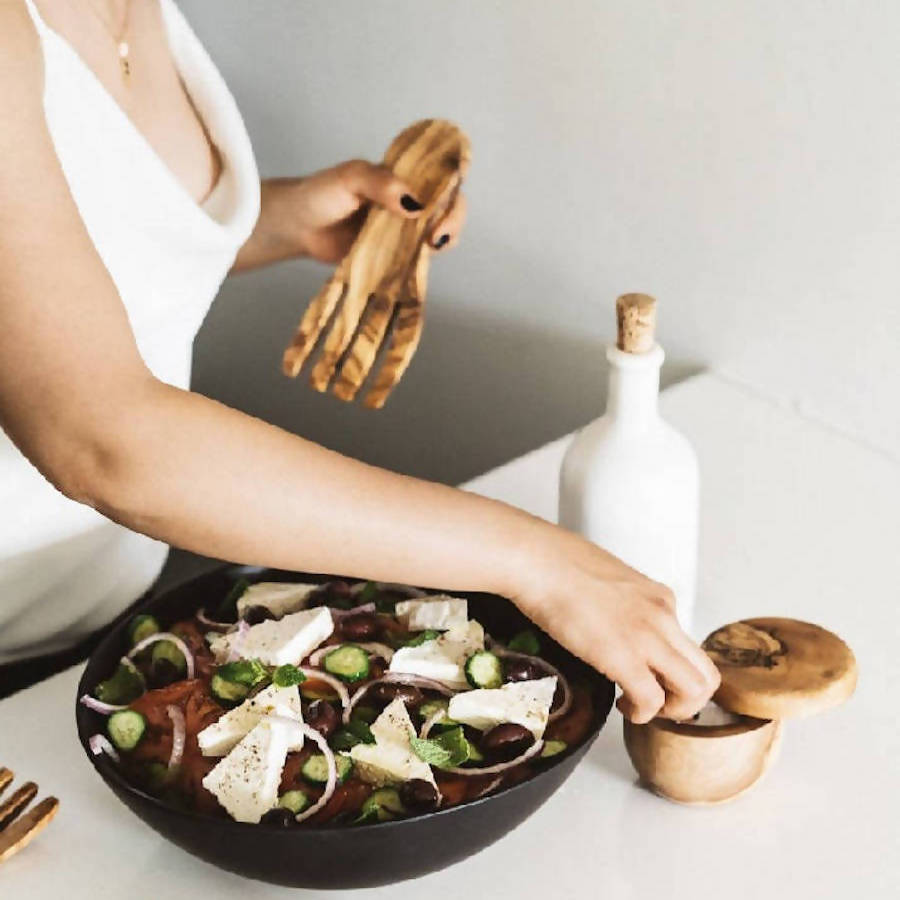 Olive-Wood Salad Servers Flat Fork Set